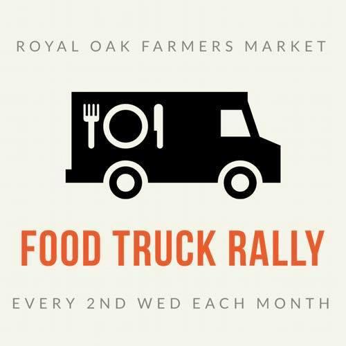 Black and white image of a food truck with fork, plate, and knife logo on the side. Royal Oak Farmers Market in text above it. Food Truck Rally and every 2nd wed each month in text below it.