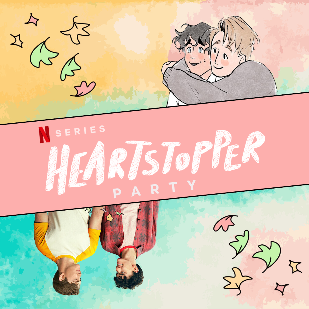 Two young white men, one with dark hair and one with light, both illustrated and a photograph on a watercolor background with the logo for Netflix's Heartstopper and multicolored leaves