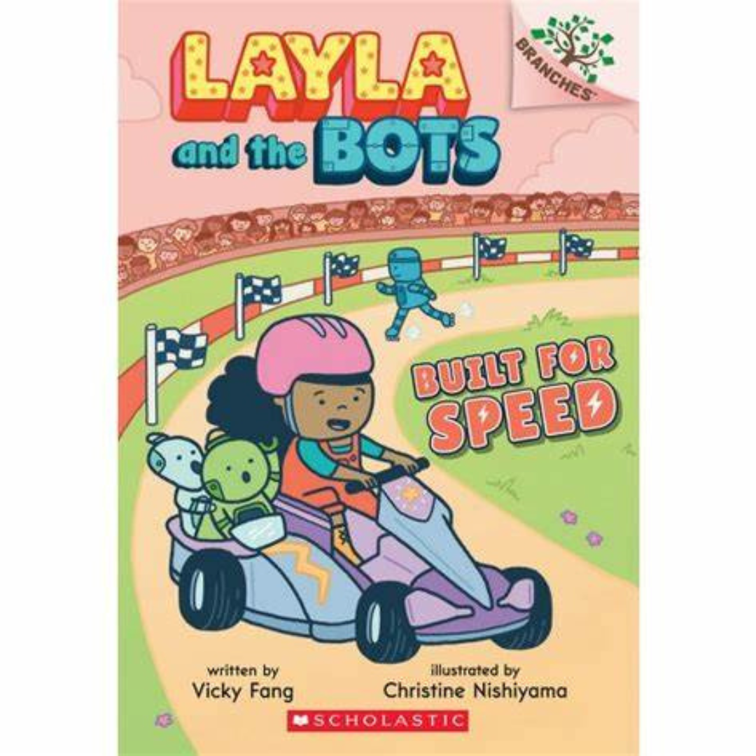 Layla and the Bots Bk2. Cover image. girl driving go-kart with two robots on a racetrack.