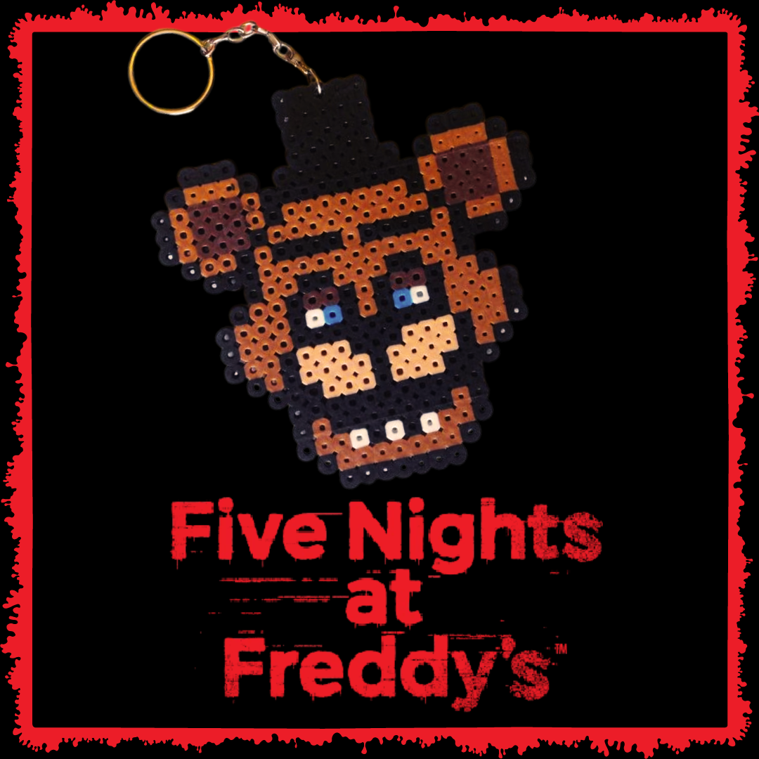 Freddy character from Five Nights at Freddy's made out of perler beads on a keychain