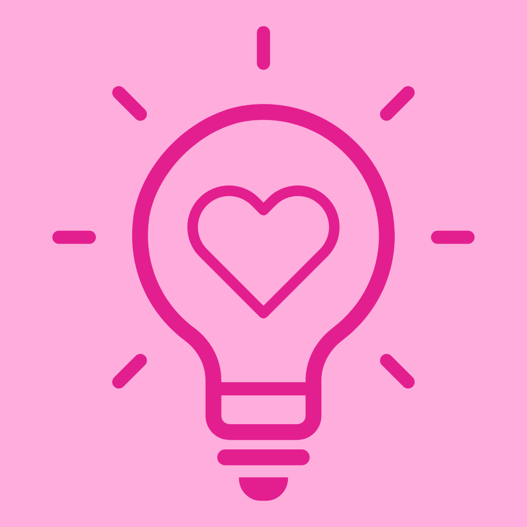 Dark pink lightbulb outline with a dark pink heart outline in the center on a light pink background