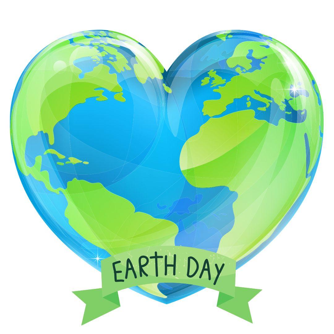 Earth in the shape of a heart, with banner reading "earth day"