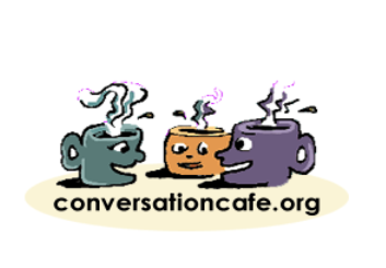 three cups of coffee, green, orange, and purple, have a conversation