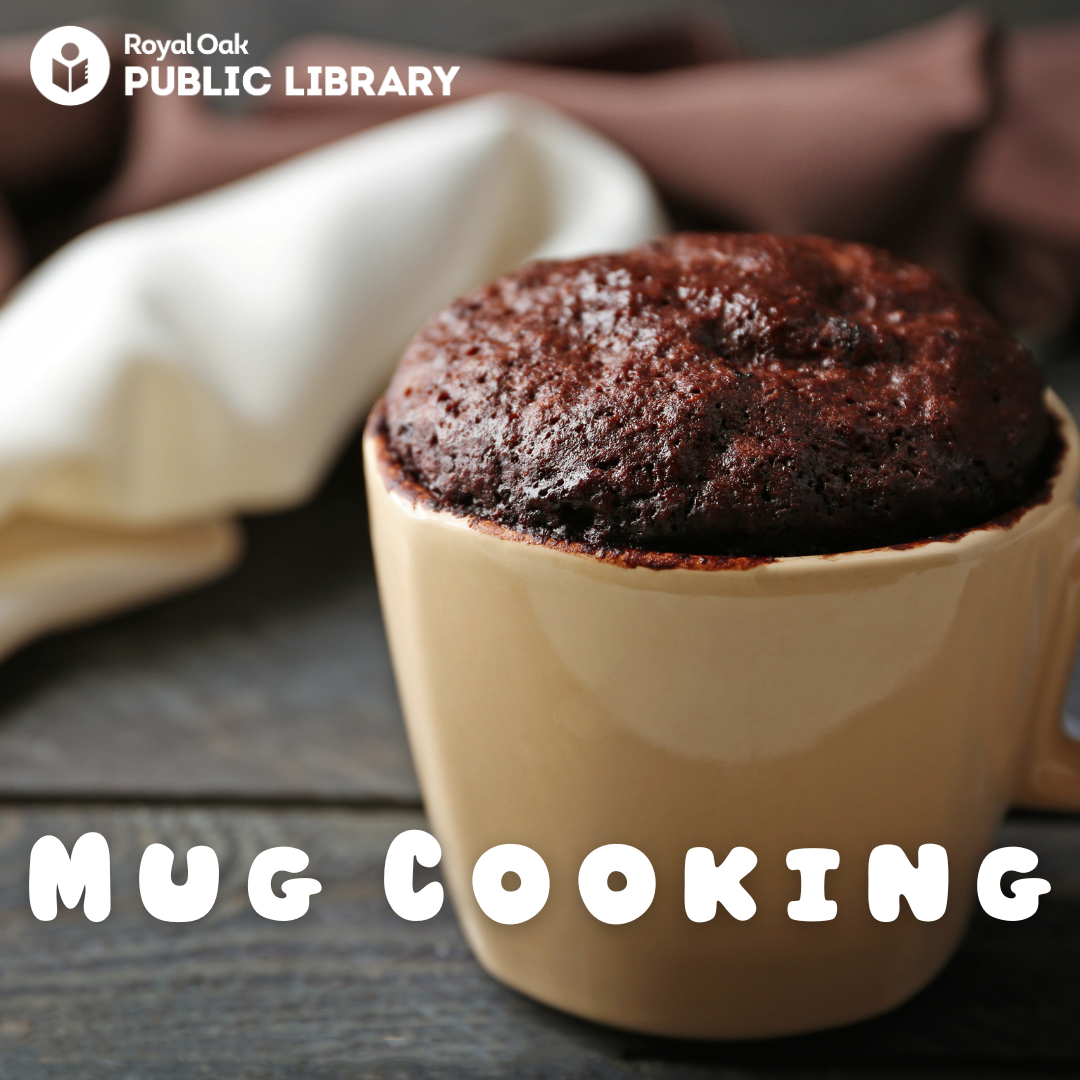 Photo of a rolled napkin and a mug with a brownie in it stating Mug Cooking with ROPL branding