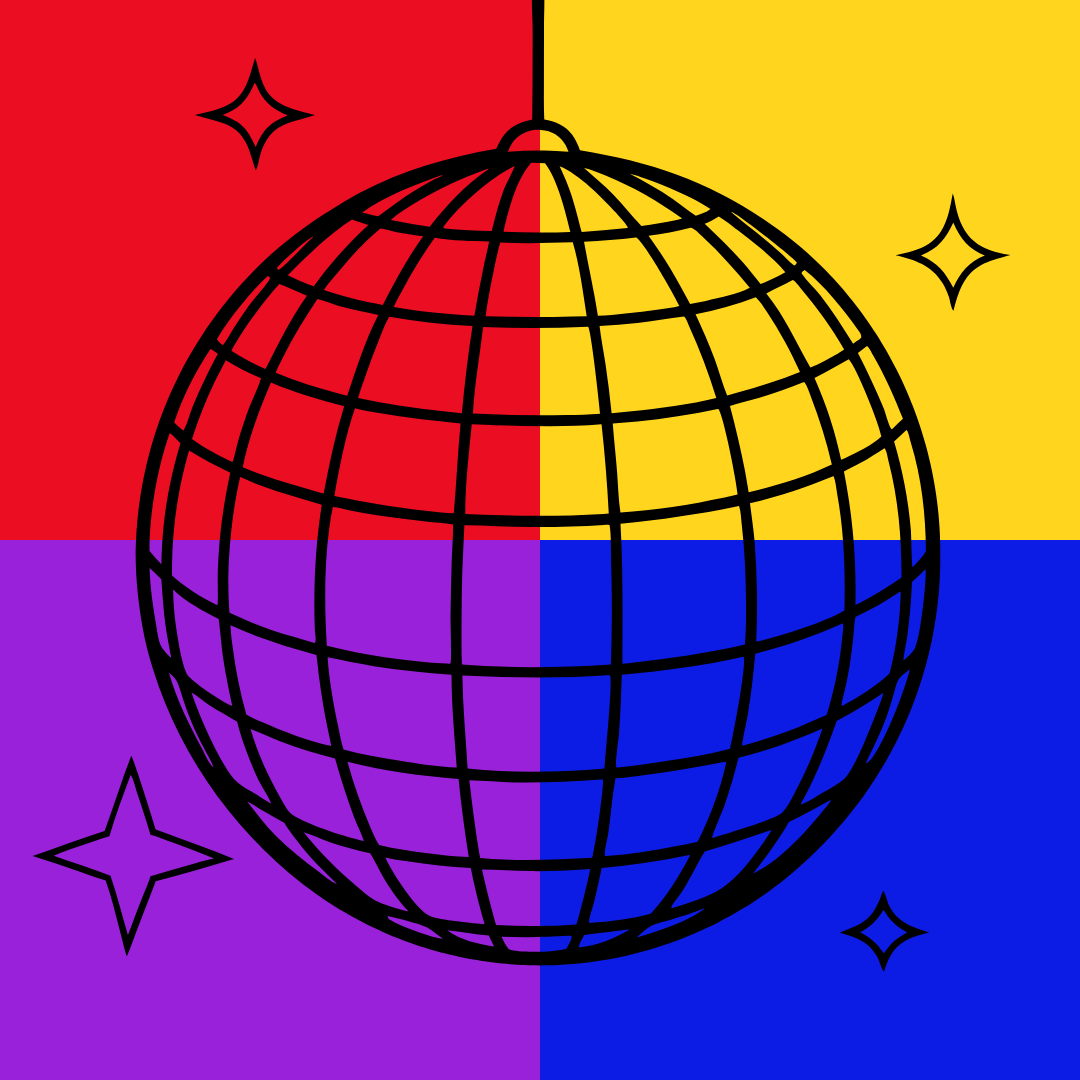 Disco ball with Pollock-esk background, featuring (from left to right, red, yellow, purple, blue).