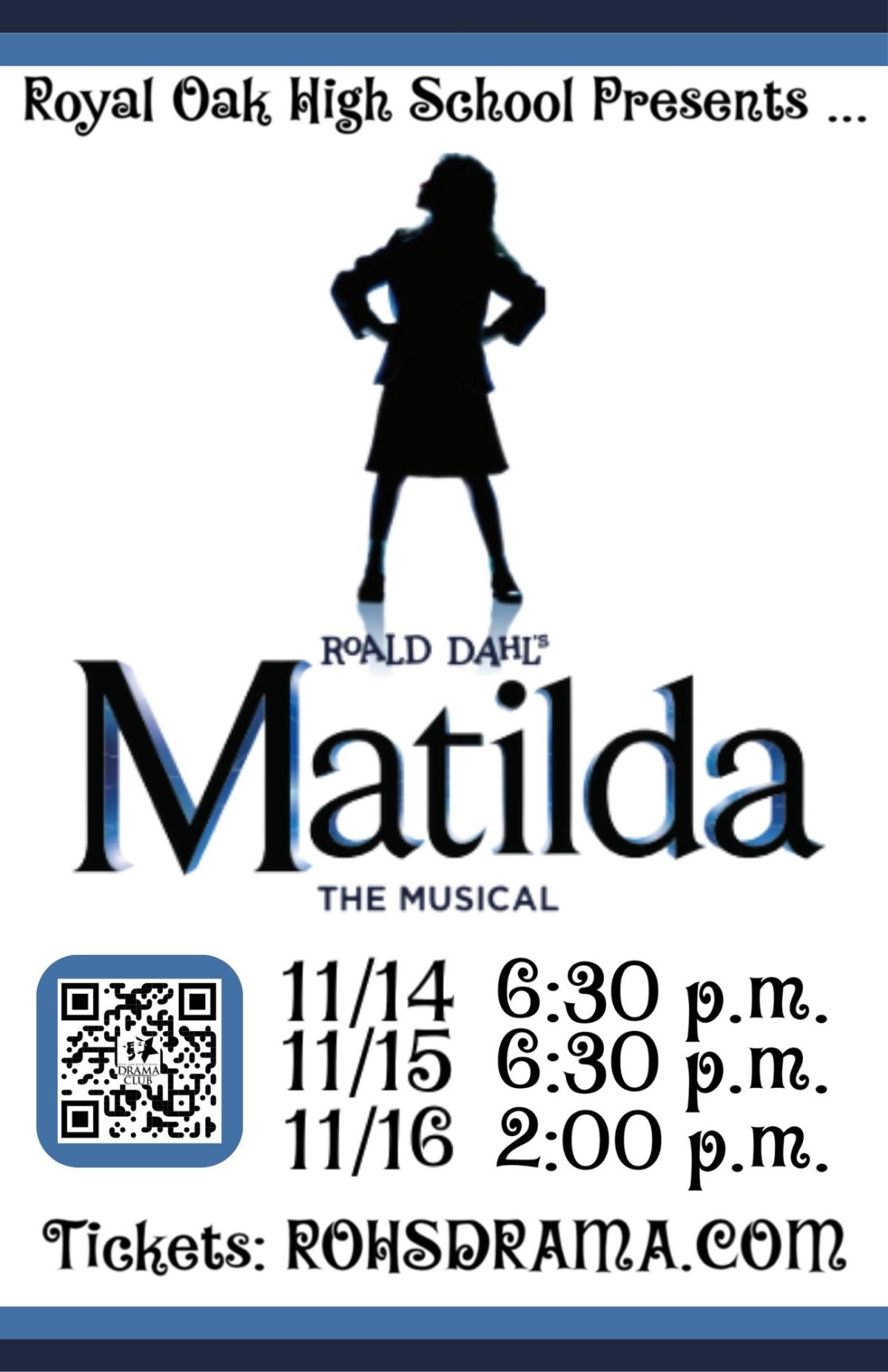 rohs presents matilda a musical with the silhouette of a girl