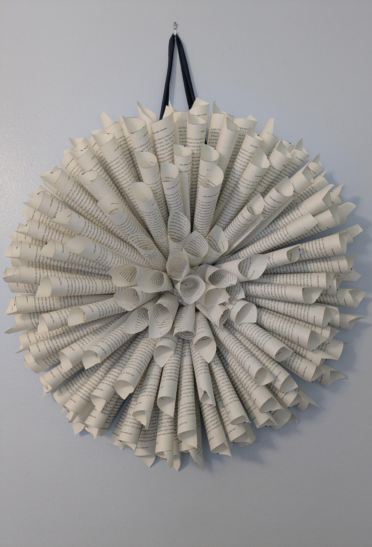 A picture of a wreath made out of book pages